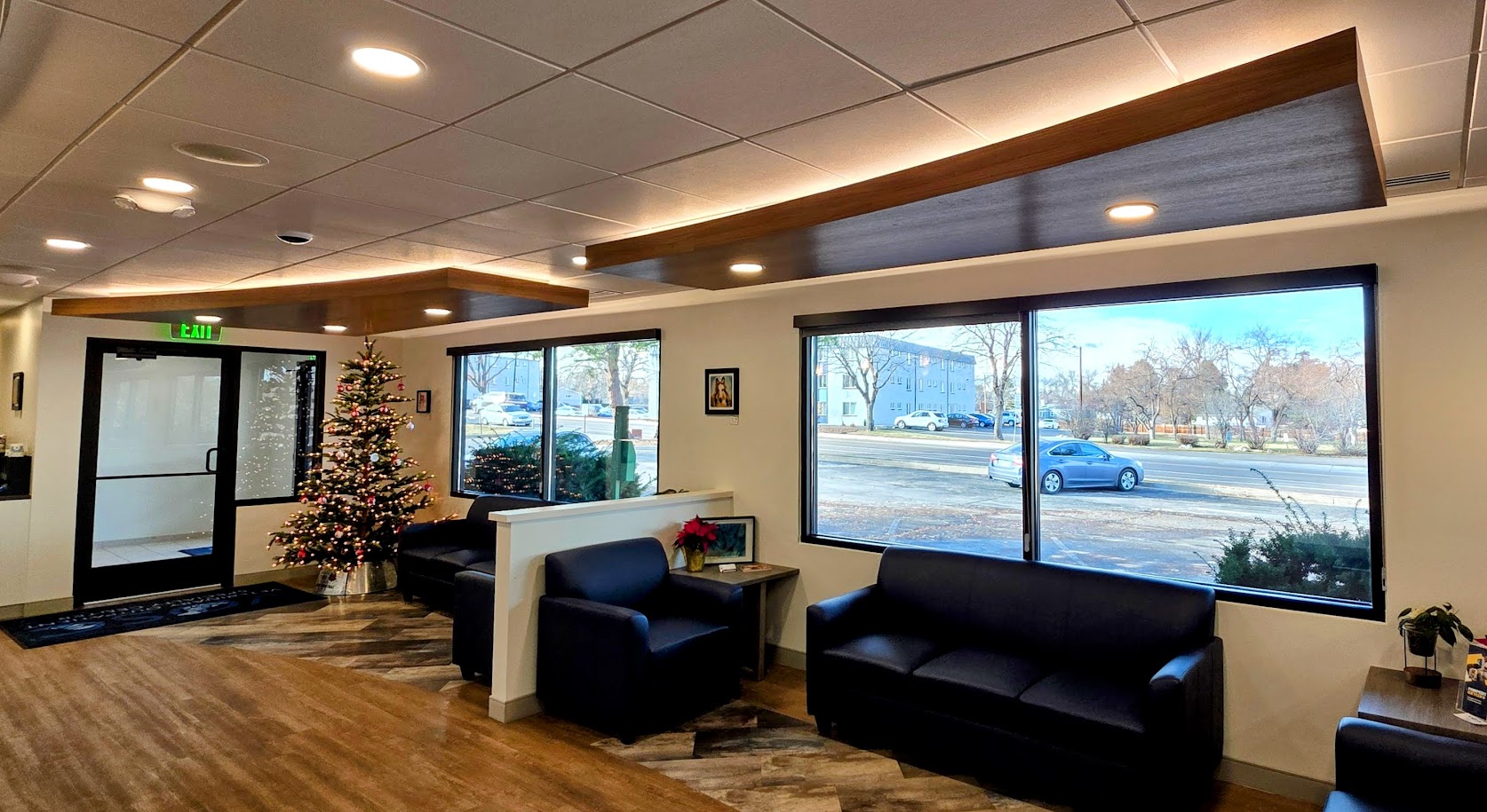 Architectural wood ceiling clouds installed in a commercial space
